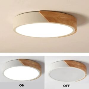 Luminária Plafon Led Sobrepor Redondo C/ Madeira 25w 3 Em 1 Estrutura Branco