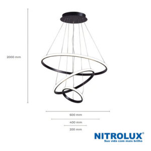 Luminária Pendente Lustre 3 Anéis Arcos Led Luz 3 Em 1 Preto