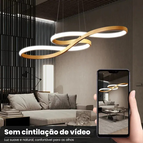 Lustre Pendente LED embutido Moderno Dourado 65w Dimerizável Com Controle Remoto 127/220v Dourado