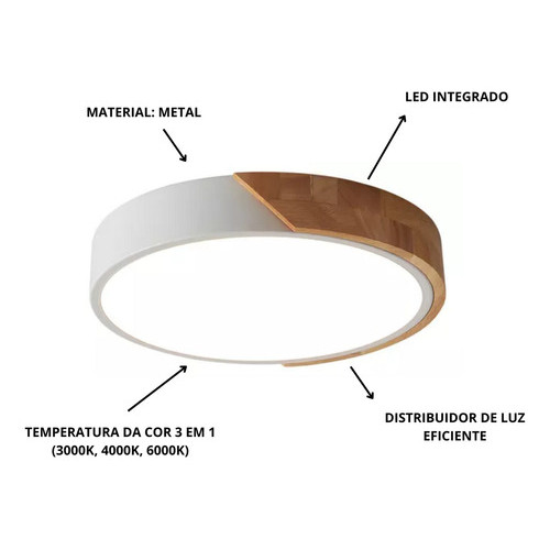 Luminária Plafon Led Sobrepor Redondo C/ Madeira 25w 3 Em 1 Estrutura Branco