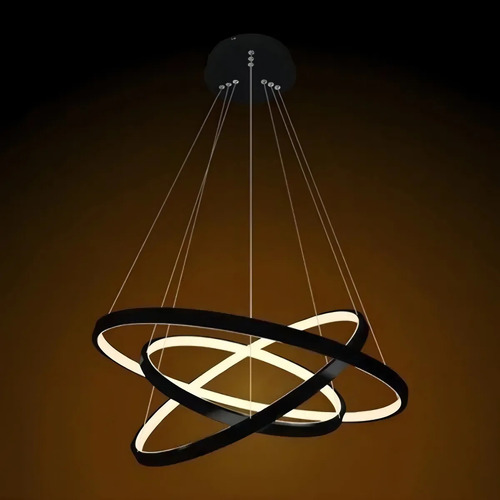 Kit Lustre LED Moderno 89W 3 Anéis Preto + Pendente Cristal Oval Dourado 127/220V Sala Quarto Lavabo