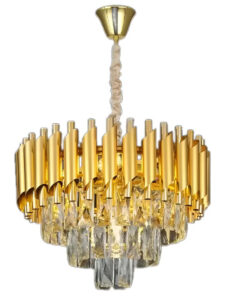 Lustre Clássico Pendente Dourado em Metal com Cristais Luxuoso Sindora Bivolt