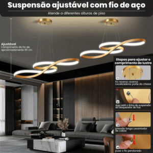 Lustre Pendente LED embutido Moderno Dourado 65w Dimerizável Com Controle Remoto 127/220v Dourado