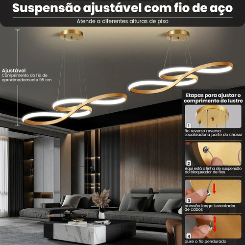 Lustre Pendente LED embutido Moderno Dourado 65w Dimerizável Com Controle Remoto 127/220v Dourado