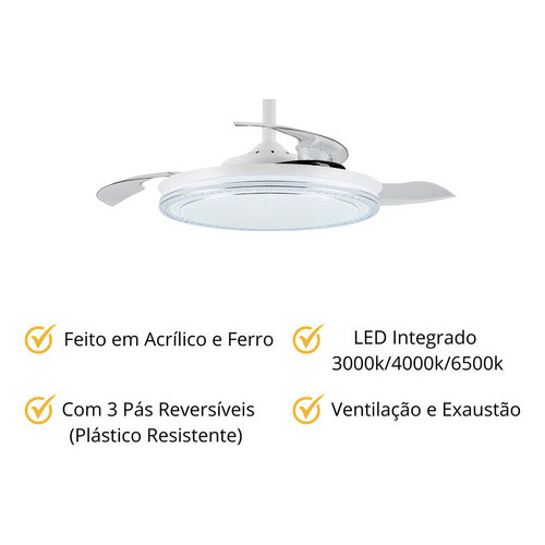 Ventilador Teto Retrátil Led Breeze Home 36  Controle 3 Pás Transparente 6 Velocidades 30w 3 Em 1 Estrutura Branco Crist