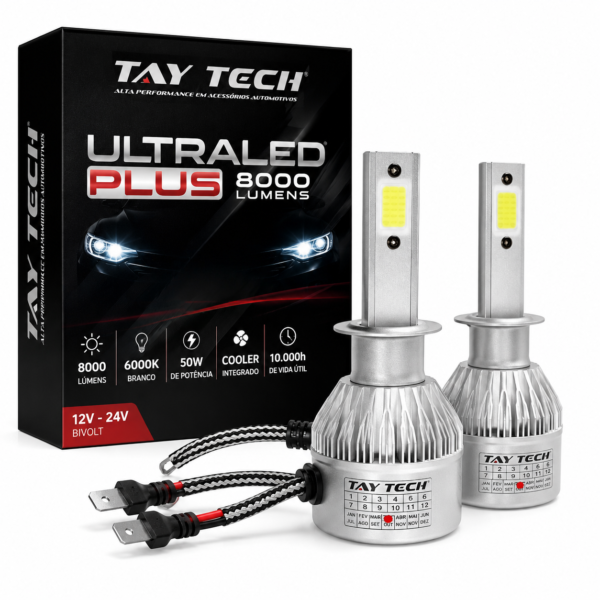 Par Lâmpada Carro Super LED Farol Ultra Plus 6000K Branca H1
