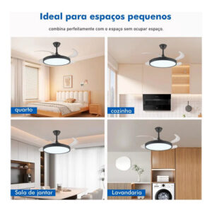 Ventilador Retrátil Led Moderno Preto 6 Velocidades Embuled