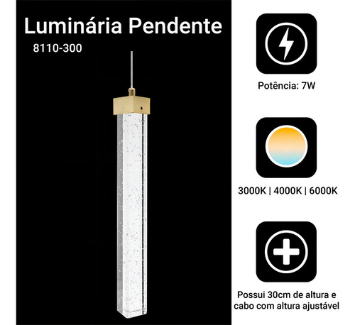 Kit 2 Lustre Pendente Cristal Bolhas Led 3 Cores Dourado 127/220v Dourado