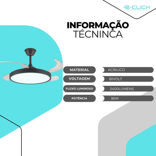 Ventilador Retrátil Led Moderno Preto 6 Velocidades Embuled