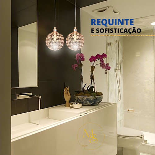 Pendente Metal + Cristal Rose Cozinha Quarto Sala Lavabo