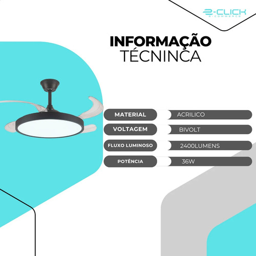 Ventilador Retrátil Led Moderno Preto 6 Velocidades Embuled 1.02 M 50/60hz Preto 127/220v Incolor Plástico 4