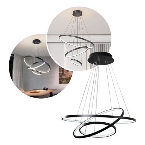 Lustre Led Moderno Pendente Anéis 3 Arcos formatos reguláveis 89w Estrutura Preto 127/220v