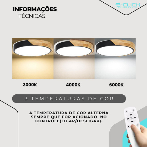 Luminária Plafon Sobrepor Led 3em1 Preto Com Controle Eclick