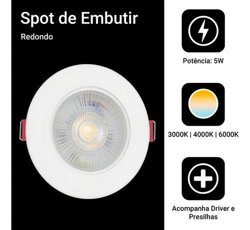 Spot 5w Led Redondo Direcionável Teto Branco Quente 127/220v
