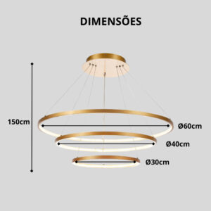 Lustre pendente Led Integrado 89W Dourado Moderno 3 Arcos com controle