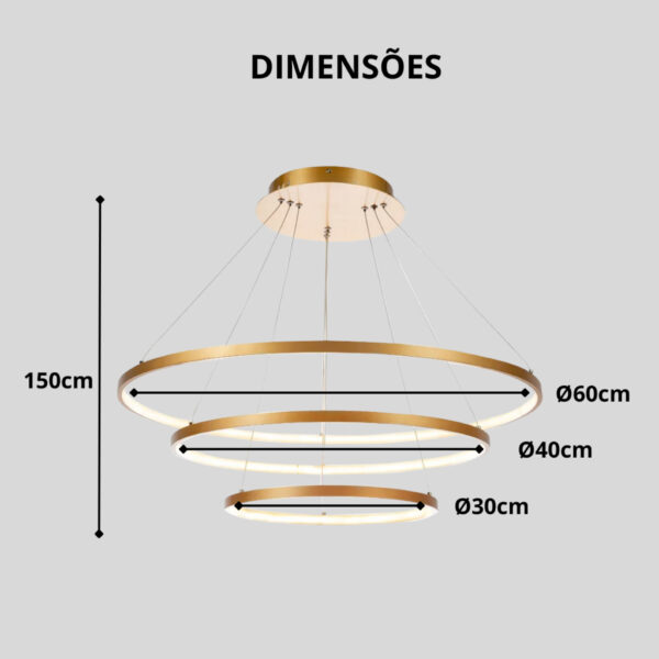 Lustre pendente Led Integrado 89W Dourado Moderno 3 Arcos com controle