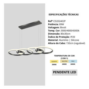 Luminária Pendente Anéis Led 48w Decor Cinderella 127/220v Preto