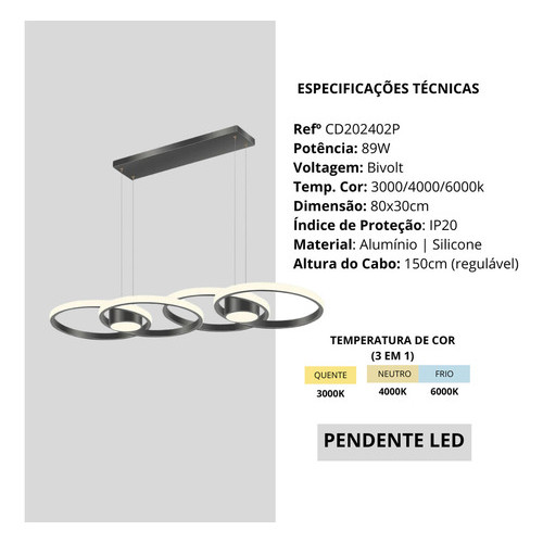 Luminária Pendente Anéis Led 48w Decor Cinderella 127/220v Preto