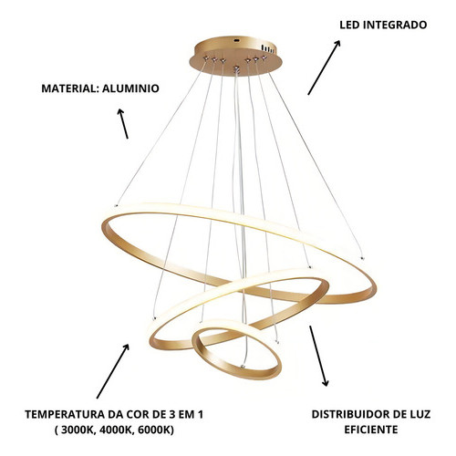 Pendente Luminaria Lustre Led Teto Posições regulaveis Moderno Sala Jantar 60w 127/220v Dourado