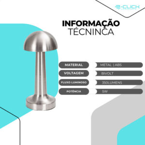 Abajur De Mesa Touch Cromado  Recarregável 5w Bivolt