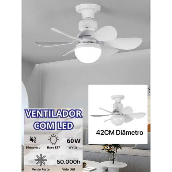 Ventilador De Teto Silencioso Com 6 Aspas, 3 Velocidades, Lâmpada Led, Branco, 40w, Kaprot
