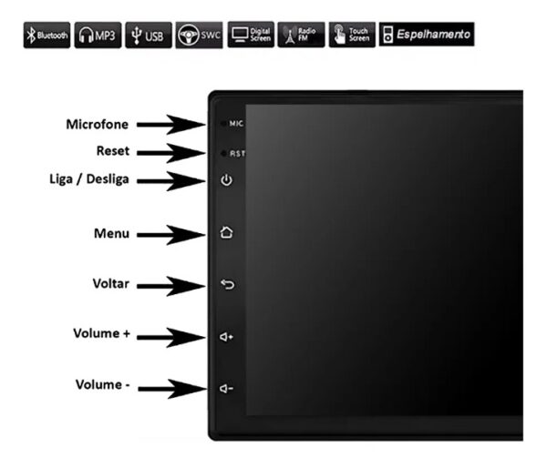 Central Multimídia 7” 2 Din T180 CarPlay Android Auto