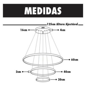 Luminária Pendente Lustre 3 Anéis Arcos Led Luz 3 Em 1 Preto