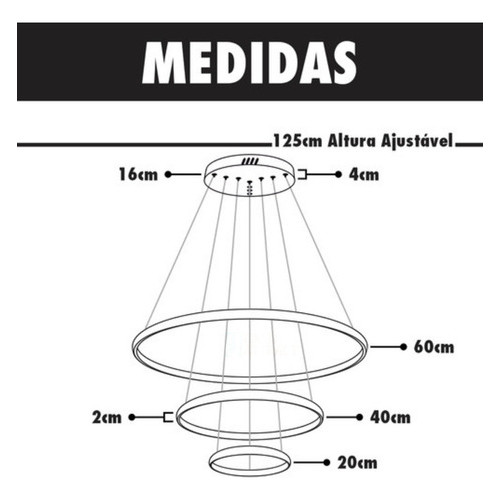 Luminária Pendente Lustre 3 Anéis Arcos Led Luz 3 Em 1 Preto