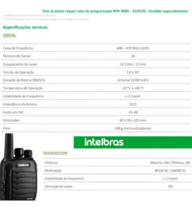 RADIO COMUNICADOR PROFISSIONAL RPA 6001 INTELBRAS