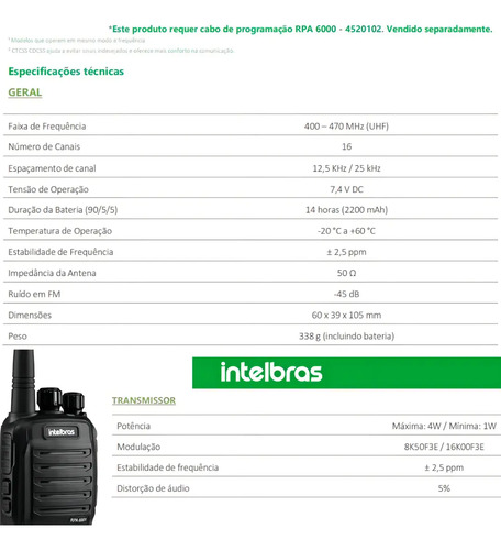 RADIO COMUNICADOR PROFISSIONAL RPA 6001 INTELBRAS