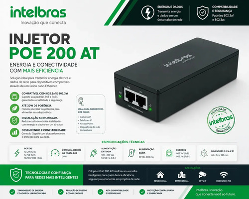 INJETOR CONVERSOR POE ATIVO GIGABIT ETHERNET POE 200 AT INTELBRAS