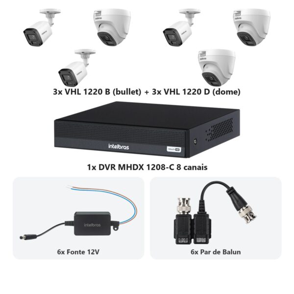 Kit 6 Cameras VHL 1220 B e D + DVR MHDX 1208-C 8 Canais + Fontes + Baluns