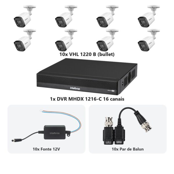 Kit 10 Cameras VHL 1220 B + DVR MHDX 1216-C 16 Canais + Fontes + Baluns