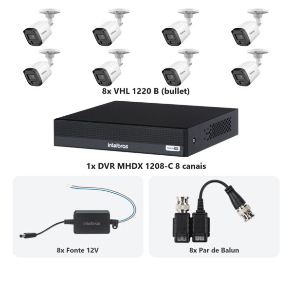 Kit 8 Cameras VHL 1220 B + DVR MHDX 1208-C 8 Canais + Fontes + Baluns