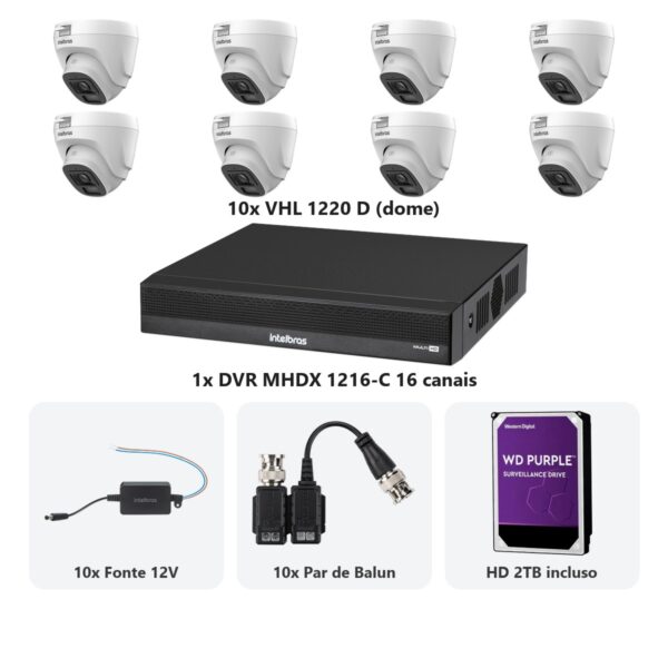 Kit 10 Cameras VHL 1220 D + DVR MHDX 1216-C 16 Canais + HD 2TB + Fontes + Baluns