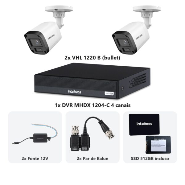 Kit 2 Cameras VHL 1220 B + DVR MHDX 1204-C 4 Canais + SSD 512GB + Fontes + Baluns