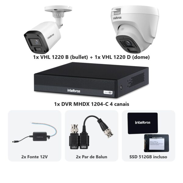 Kit 2 Cameras VHL 1220 B e D + DVR MHDX 1204-C 4 Canais + SSD 512GB + Fontes + Baluns