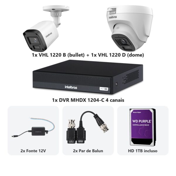 Kit 2 Cameras VHL 1220 B e D + DVR MHDX 1204-C 4 Canais + HD 1TB + Fontes + Baluns