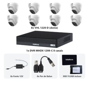 Kit 8 Cameras VHL 1220 D + DVR MHDX 1208-C 8 Canais + SSD 512GB + Fontes + Baluns