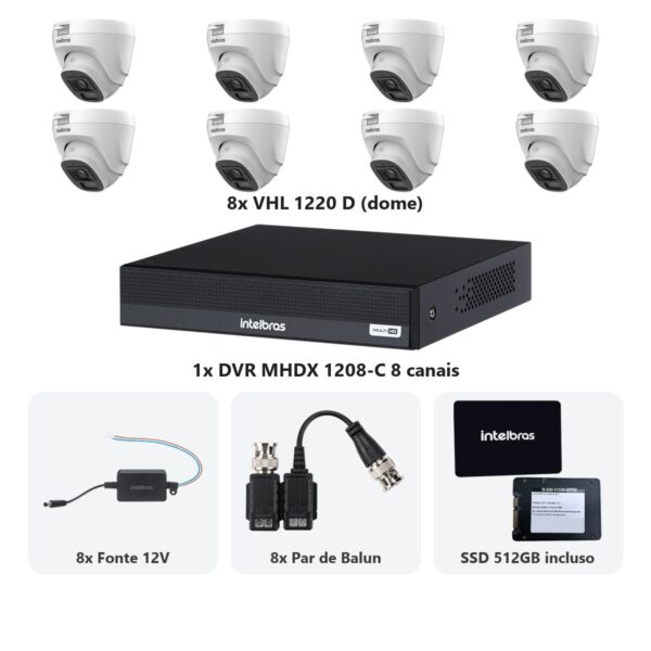 Kit 8 Cameras VHL 1220 D + DVR MHDX 1208-C 8 Canais + SSD 512GB + Fontes + Baluns