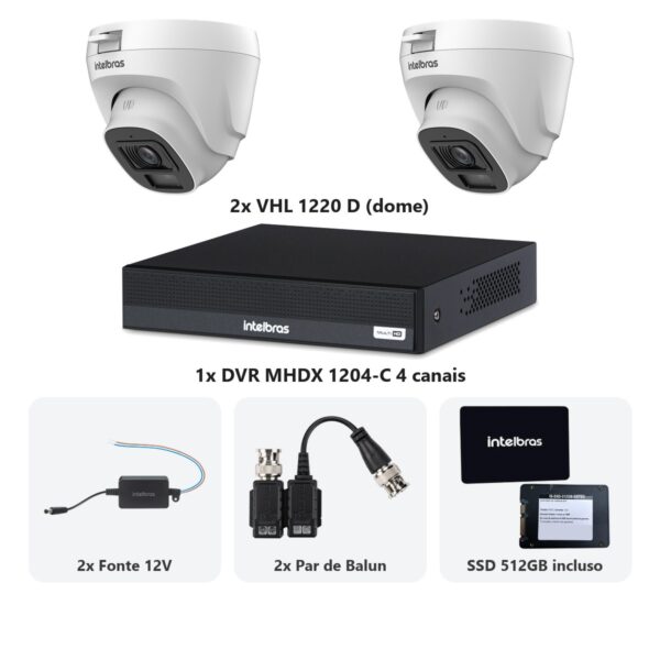 Kit 2 Cameras VHL 1220 D + DVR MHDX 1204-C 4 Canais + SSD 512GB + Fontes + Baluns