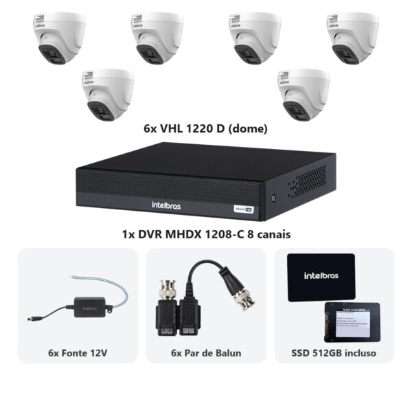 Kit 6 Cameras VHL 1220 D + DVR MHDX 1208-C 8 Canais + SSD 512GB + Fontes + Baluns