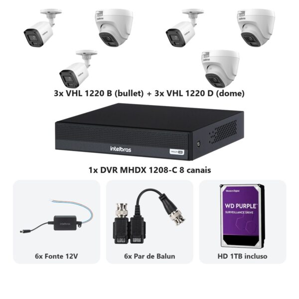 Kit 6 Cameras VHL 1220 B e D + DVR MHDX 1208-C 8 Canais + HD 1TB + Fontes + Baluns