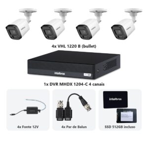 Kit 4 Cameras VHL 1220 B + DVR MHDX 1204-C 4 Canais + SSD 512GB + Fontes + Baluns