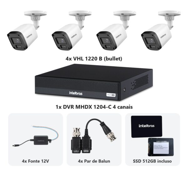 Kit 4 Cameras VHL 1220 B + DVR MHDX 1204-C 4 Canais + SSD 512GB + Fontes + Baluns