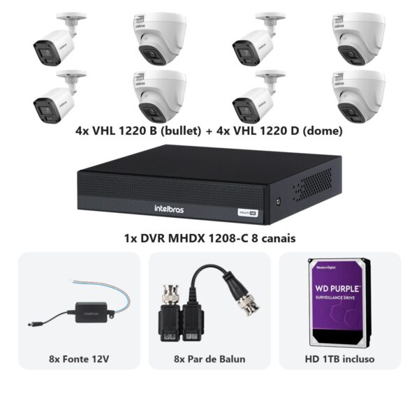 Kit 8 Cameras VHL 1220 B e D + DVR MHDX 1208-C 8 Canais + HD 1TB + Fontes + Baluns