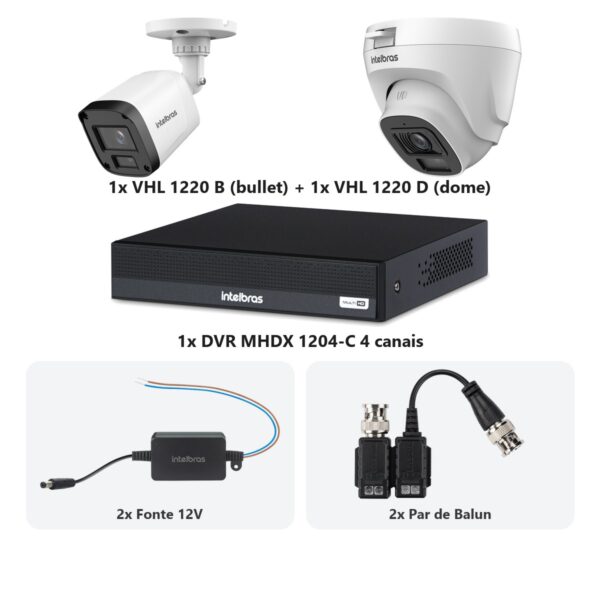 Kit 2 Cameras VHL 1220 B e D + DVR MHDX 1204-C 4 Canais + Fontes + Baluns