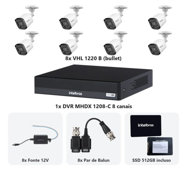 Kit 8 Cameras VHL 1220 B + DVR MHDX 1208-C 8 Canais + SSD 512GB + Fontes + Baluns