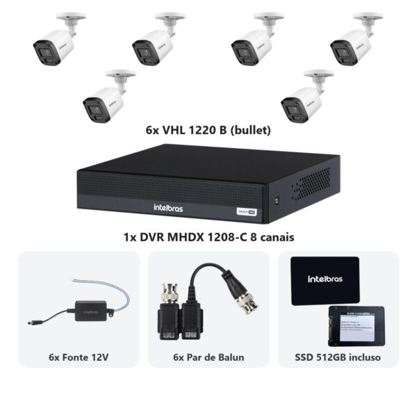 Kit 6 Cameras VHL 1220 B + DVR MHDX 1208-C 8 Canais + SSD 512GB + Fontes + Baluns