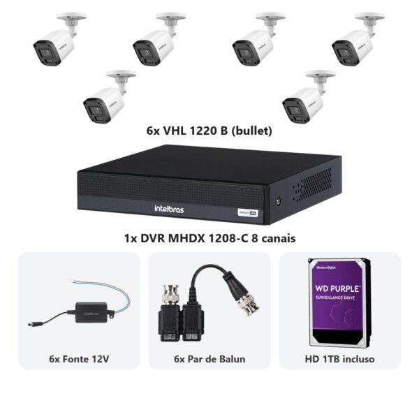 Kit 6 Cameras VHL 1220 B + DVR MHDX 1208-C 8 Canais + HD 1TB + Fontes + Baluns
